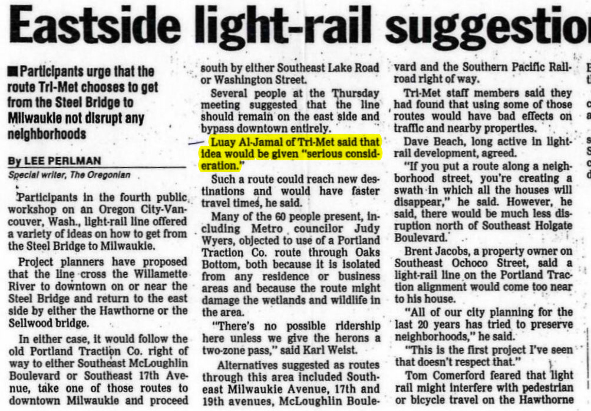 Eastside light-rail suggestions: supplied historical record