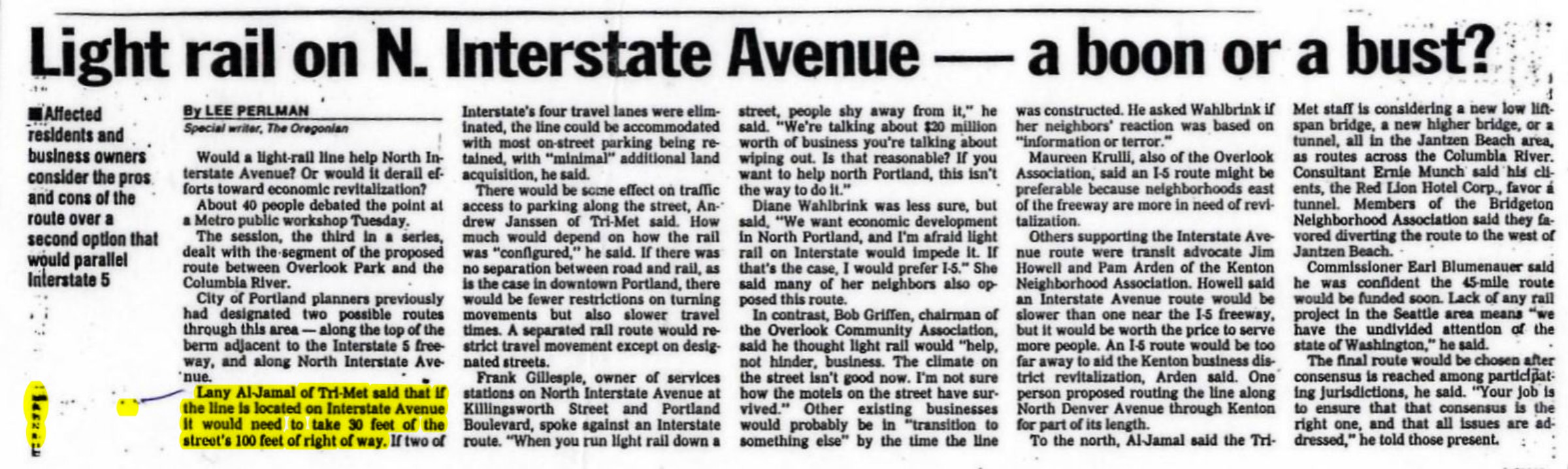 Light rail on N. Interstate Avenue — a boon or a bust?: supplied historical record