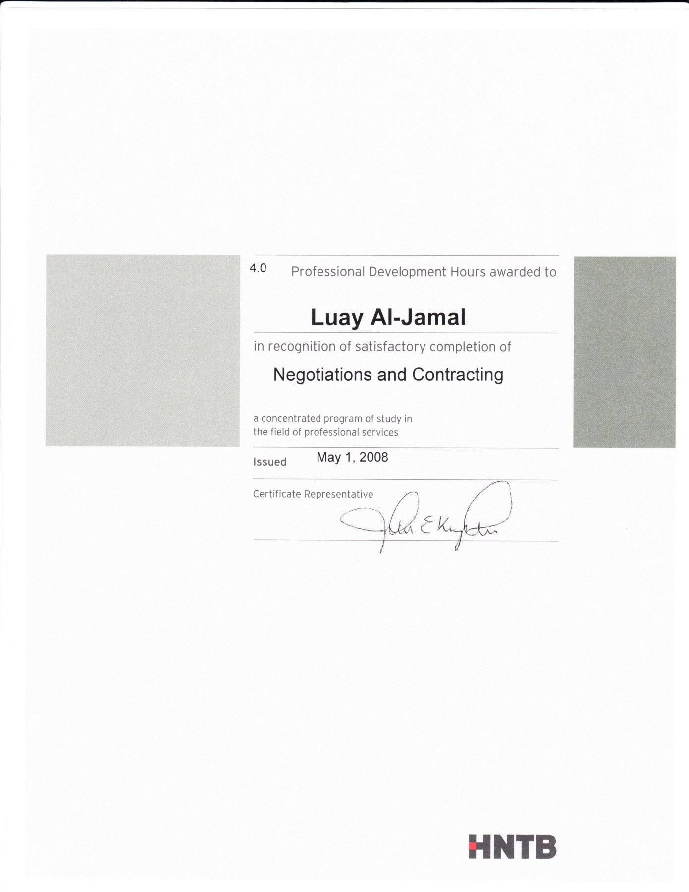 Negotiations and Contracting certificate awarded to Luay Al-Jamal