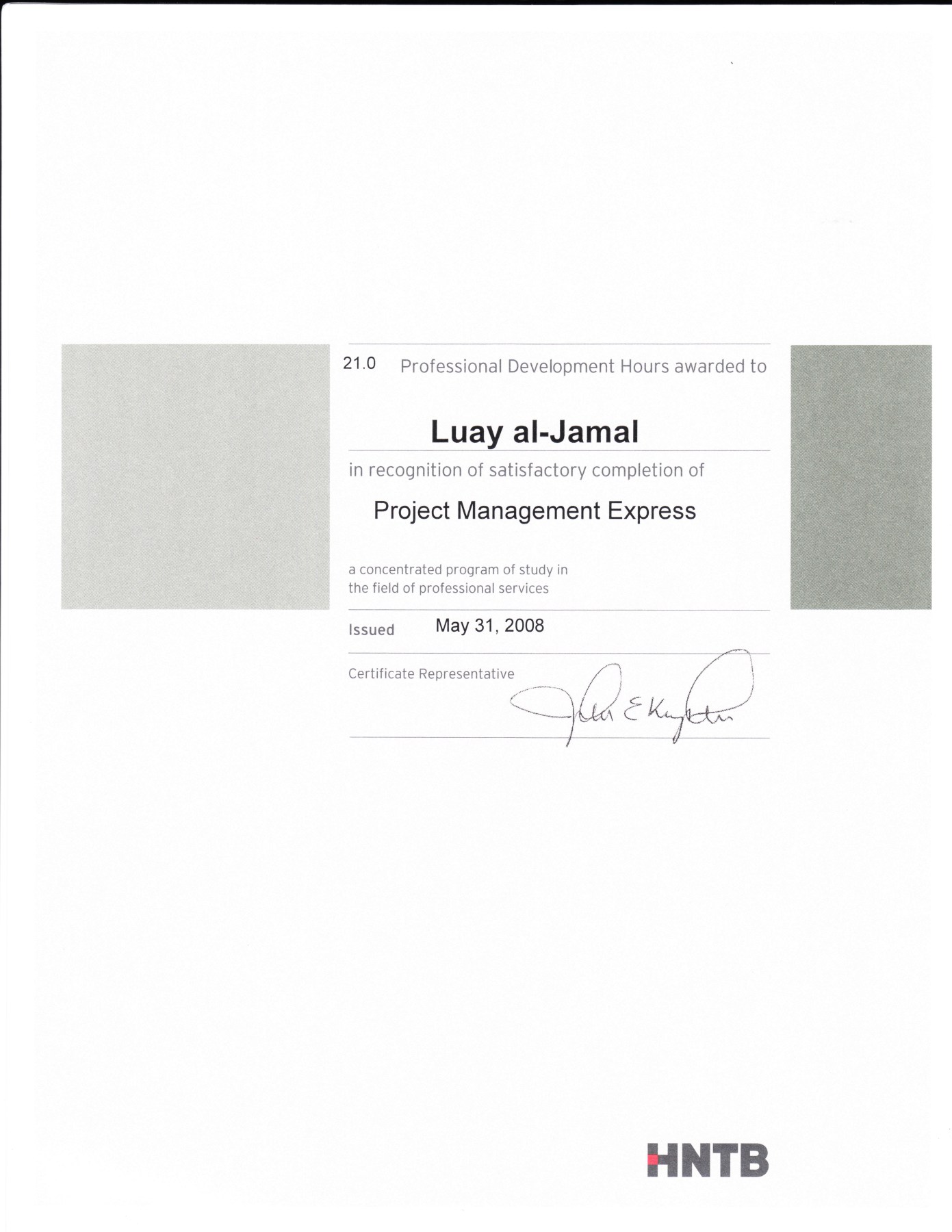 Project Management Express certificate awarded to Luay Al-Jamal