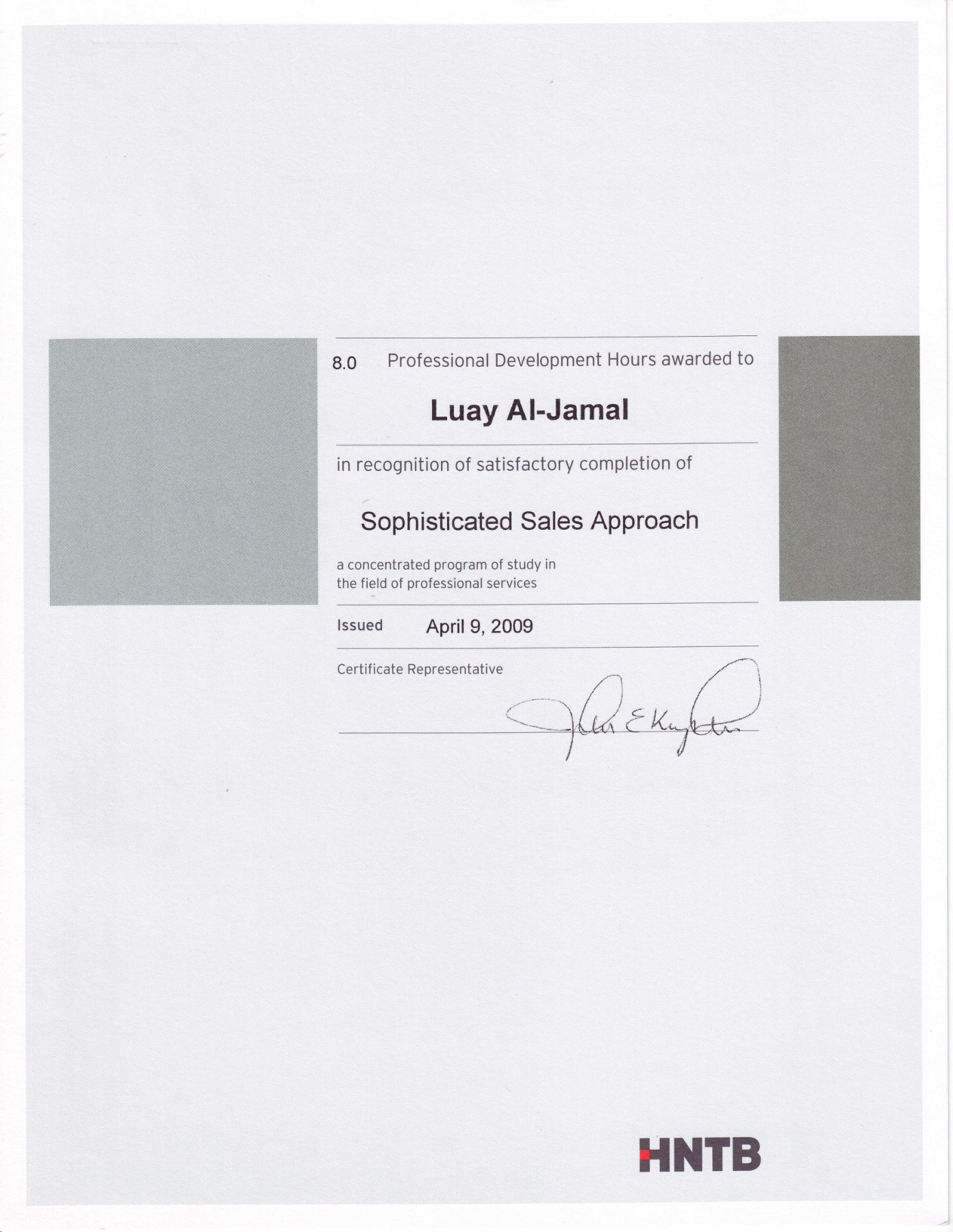 Sophisticated Sales Approach certificate awarded to Luay Al-Jamal