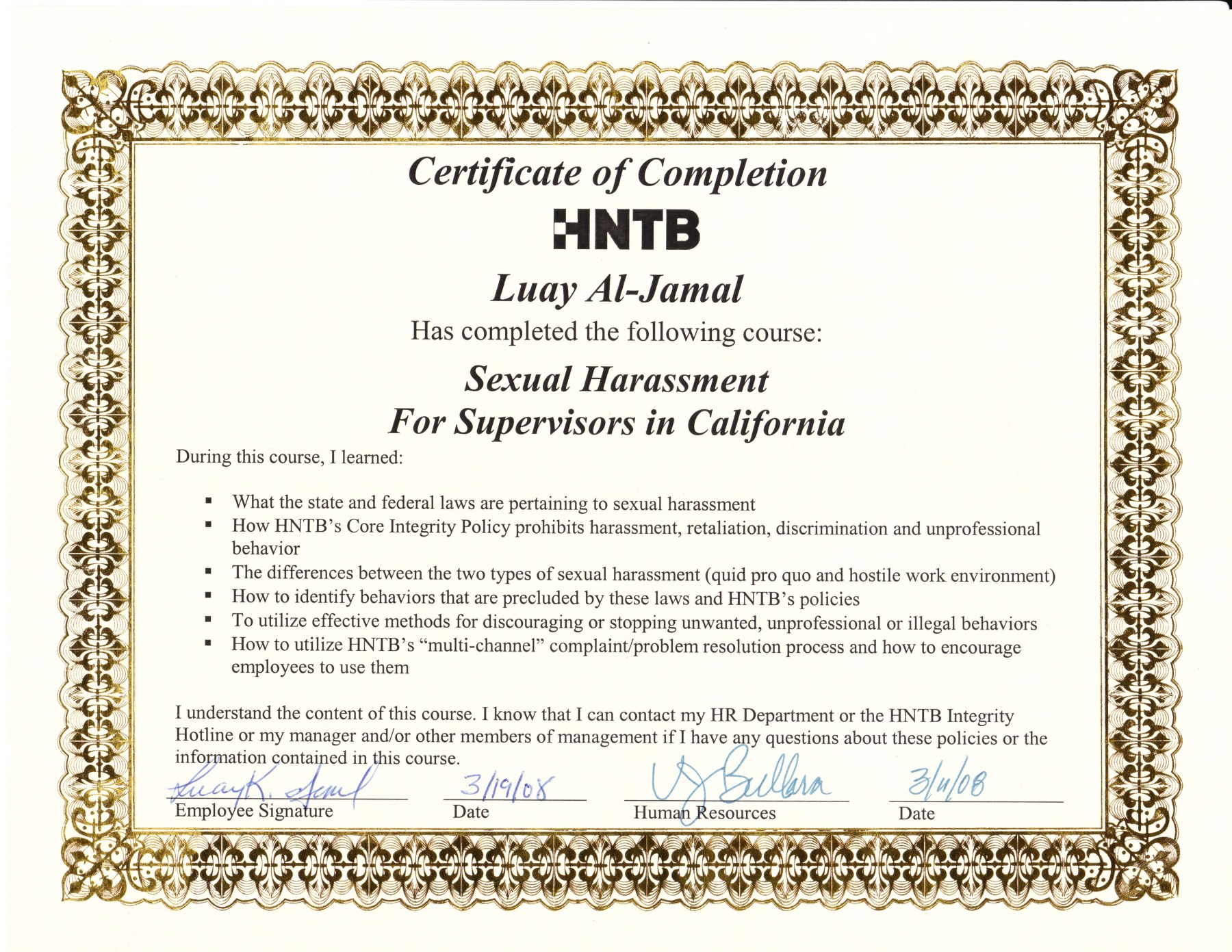 Sexual Harassment For Supervisors in California certificate awarded to Luay Al-Jamal