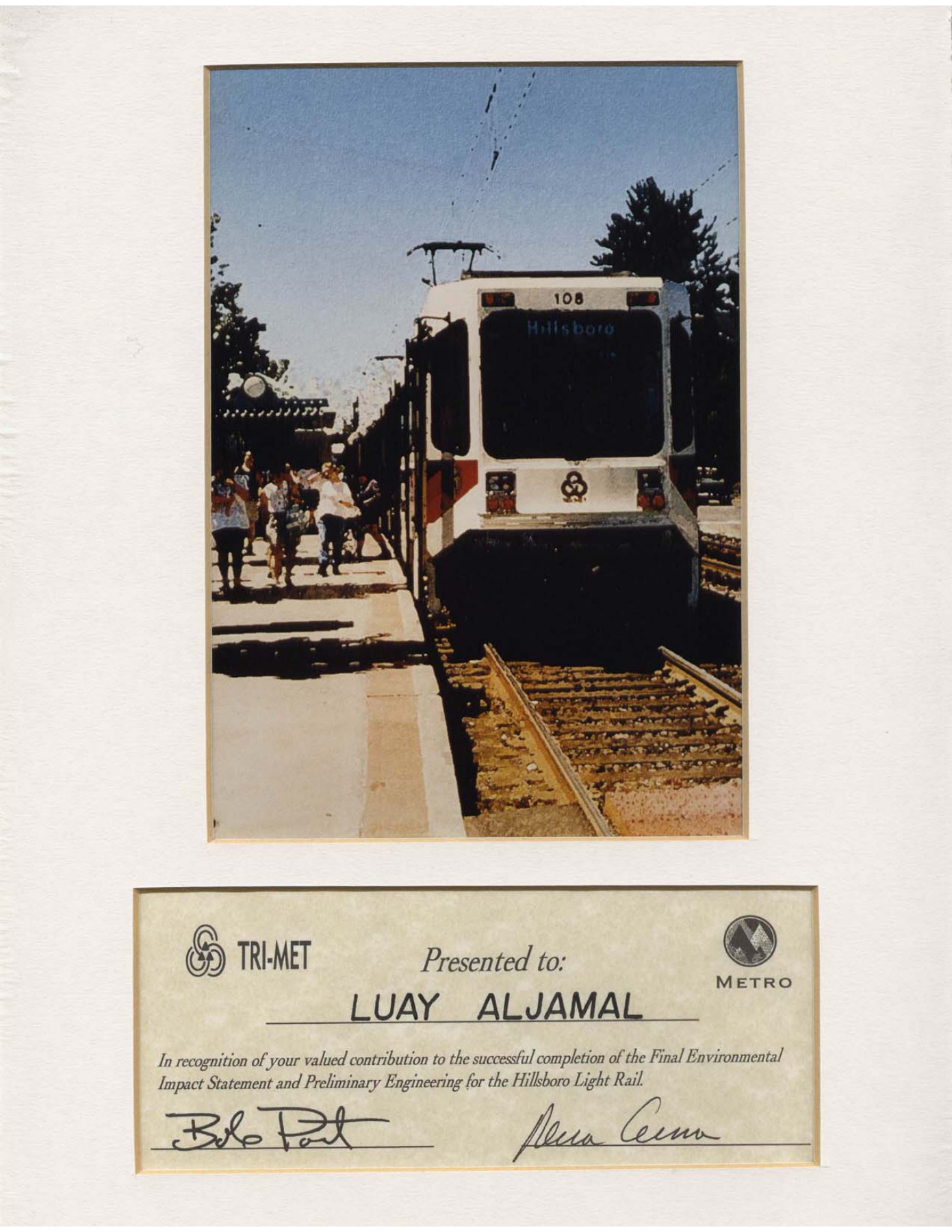 Hillsboro Light Rail recognition: supplied historical record